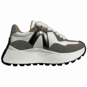 Tenis con plataforma chunky en color blanco con gris y plateado
